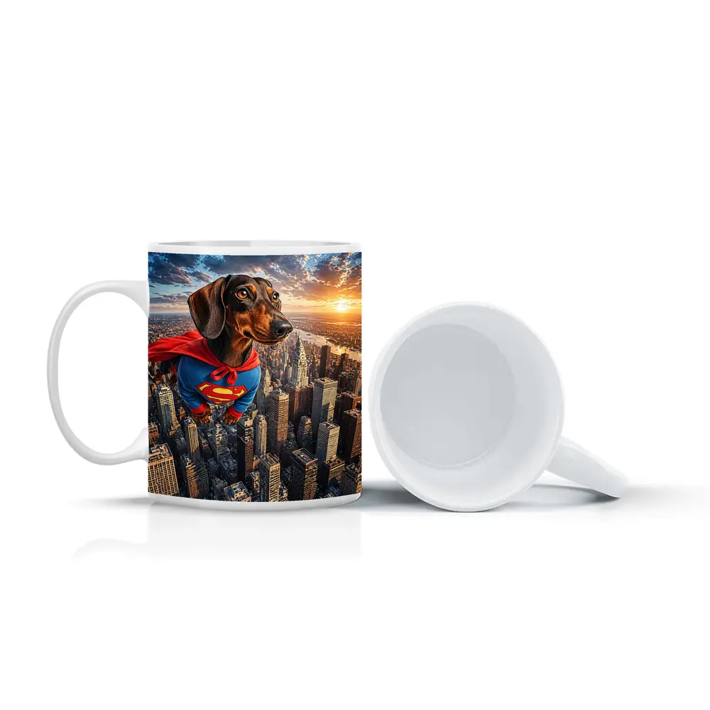 Superhero Dachshund Flying Over City Skyline – Mugs