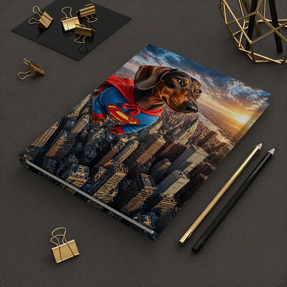 Superhero Dachshund Flying Over City Skyline – Notebooks