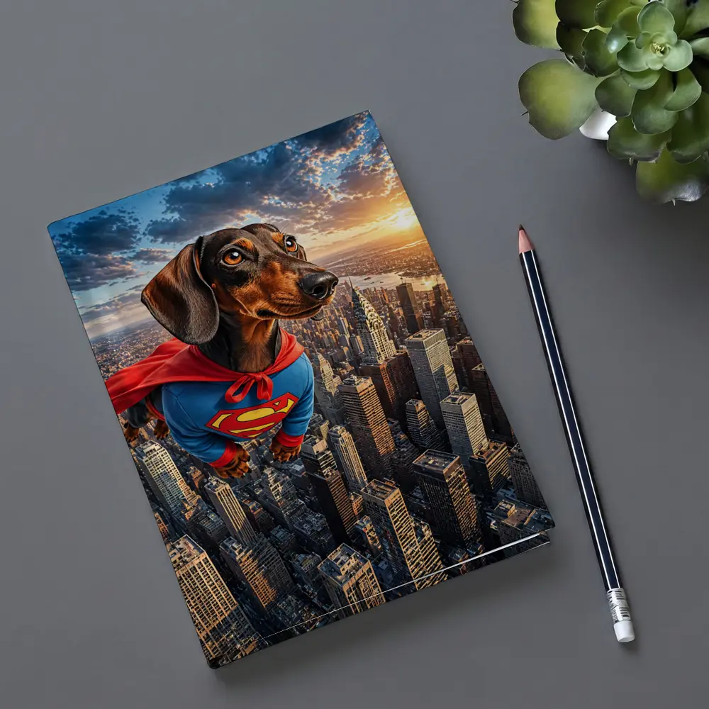 Superhero Dachshund Flying Over City Skyline – Notebooks