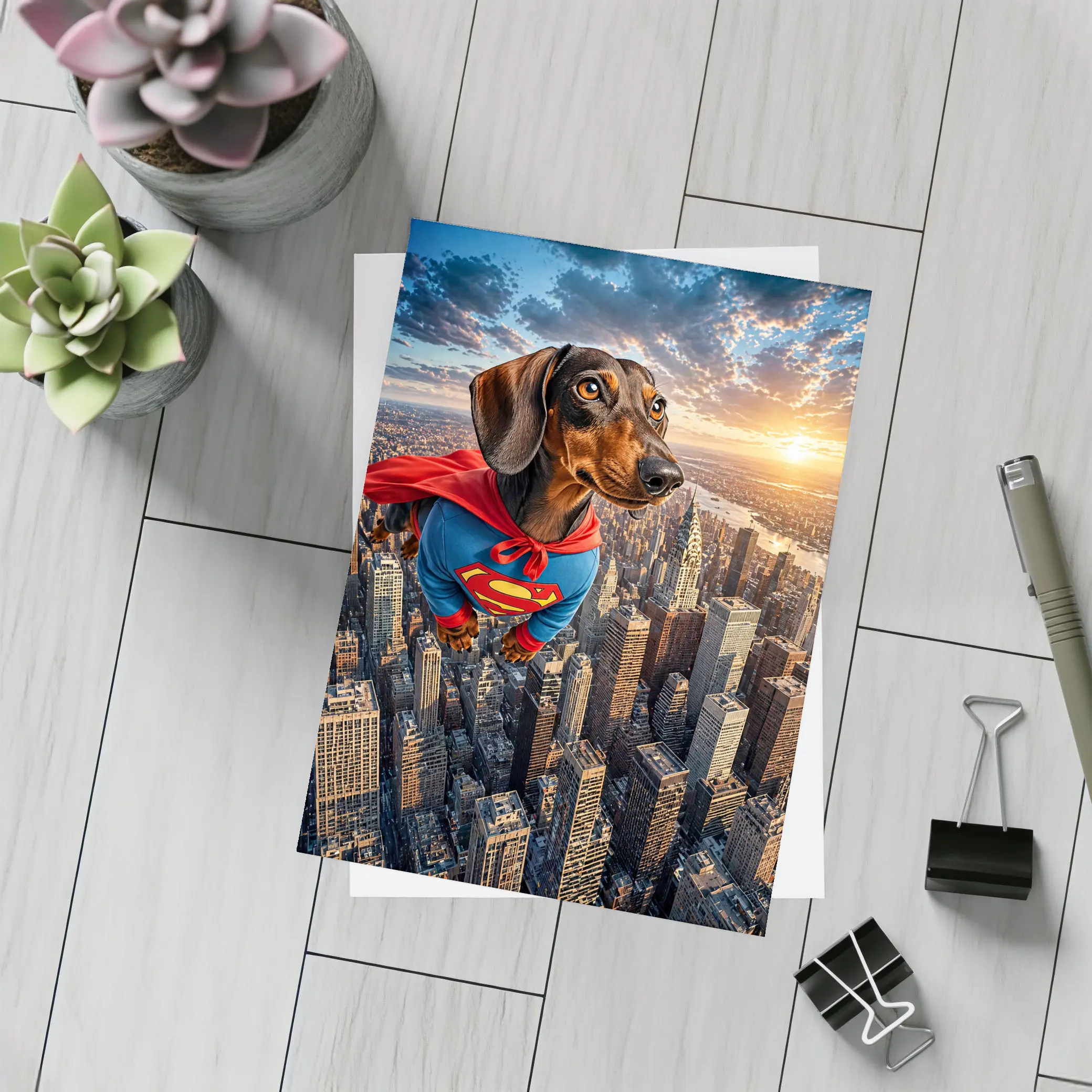 Superhero Dachshund Flying Over City Skyline – Postcards