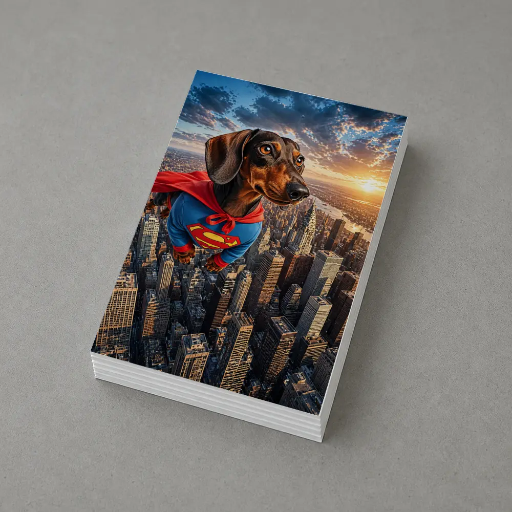 Superhero Dachshund Flying Over City Skyline – Postcards