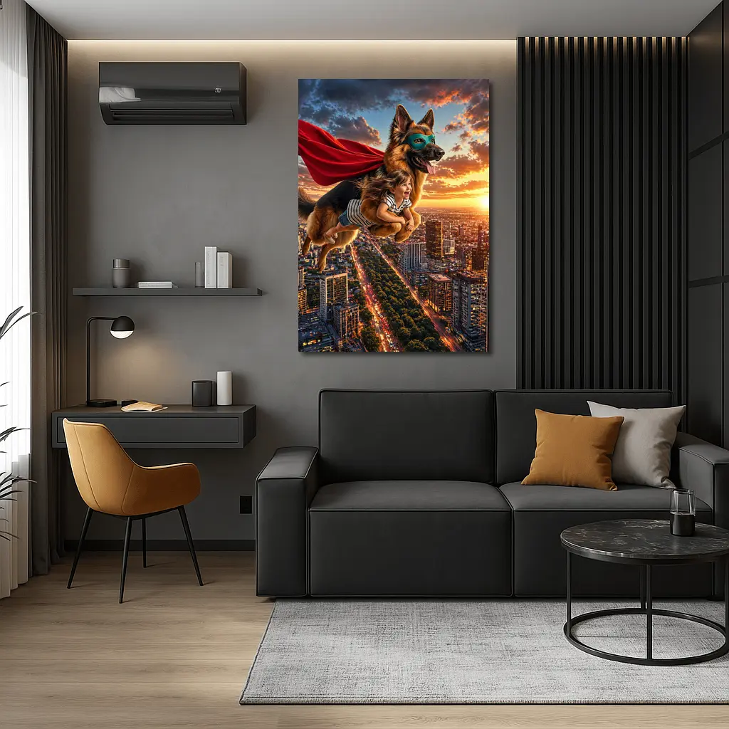 Superhero German Shepherd Flying Over City Sunset – Wall Art