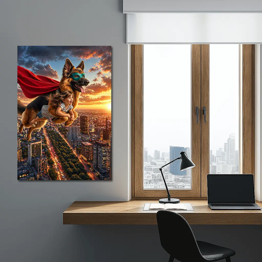 Superhero German Shepherd Flying Over City Sunset – Wall Art