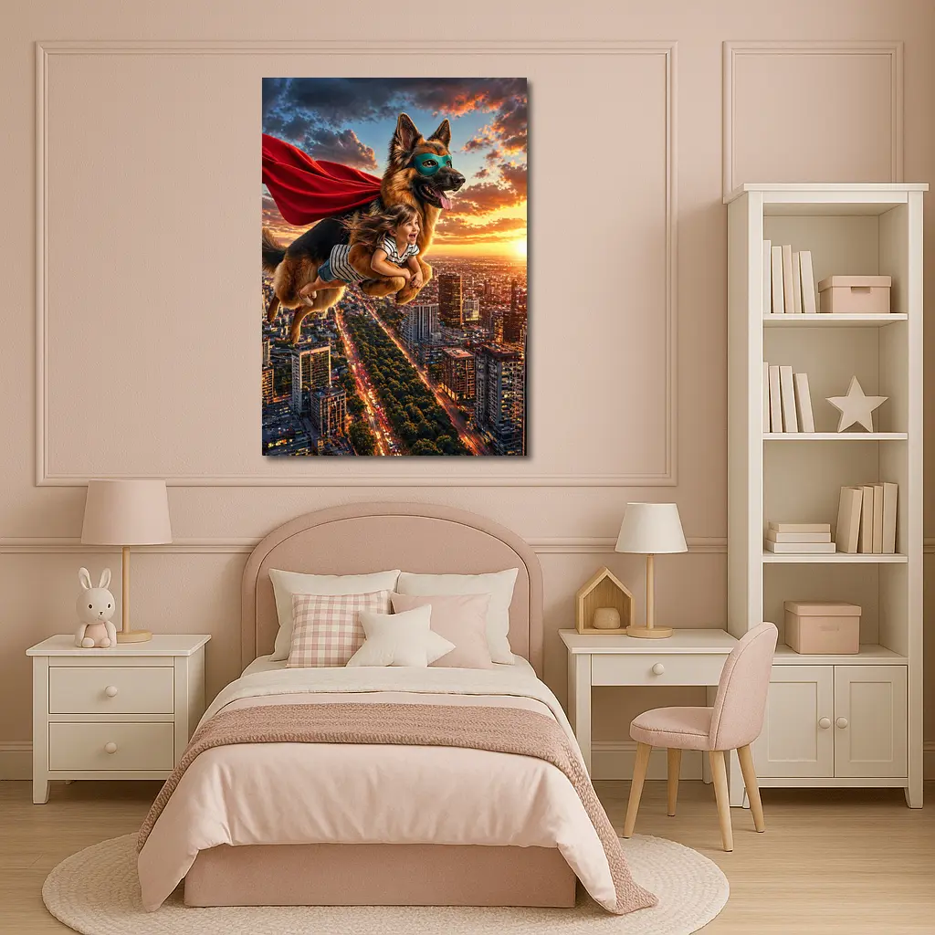 Superhero German Shepherd Flying Over City Sunset – Wall Art