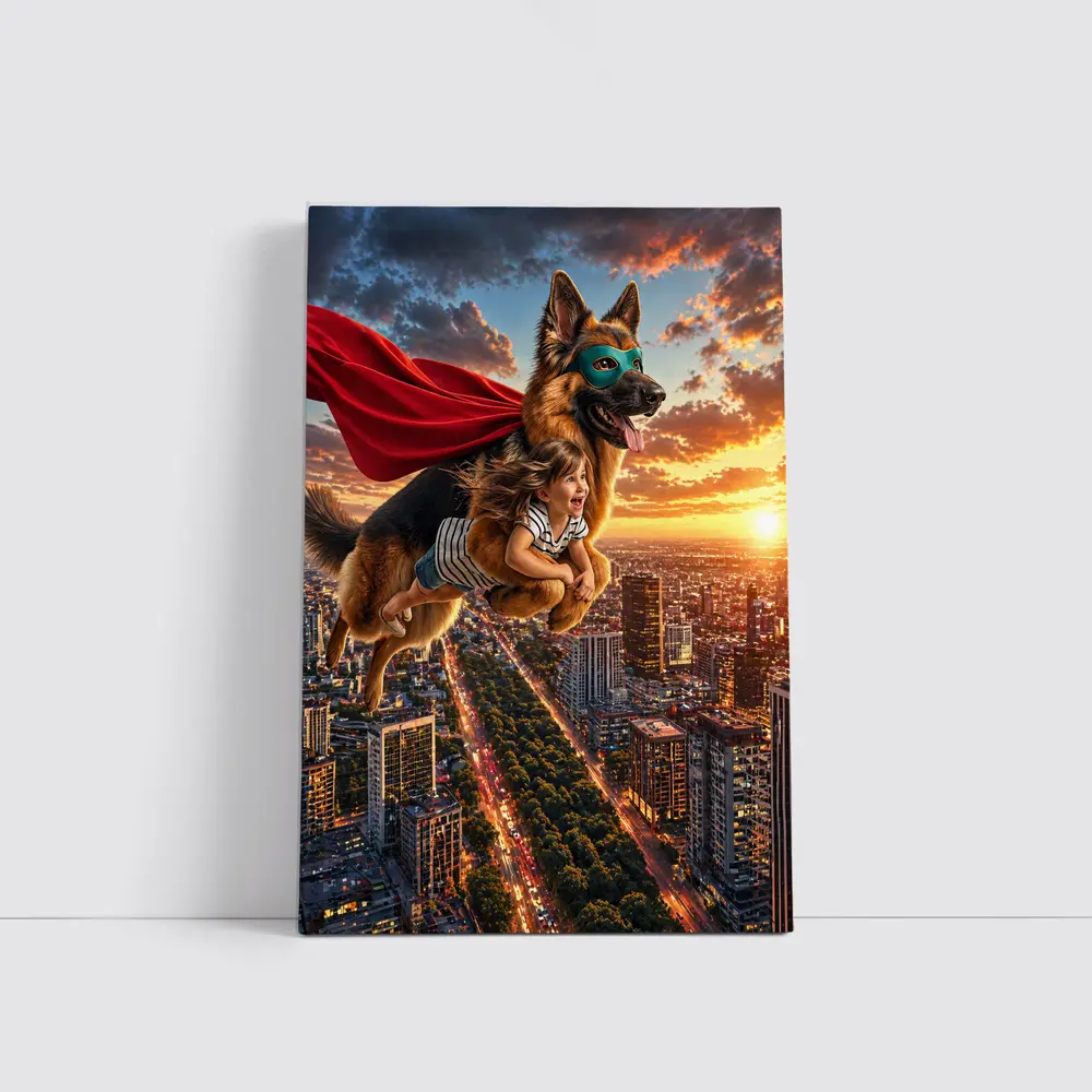Superhero German Shepherd Flying Over City Sunset – Wall Art