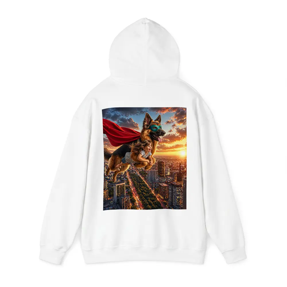 Superhero German Shepherd Flying Over City Sunset – Hoodies