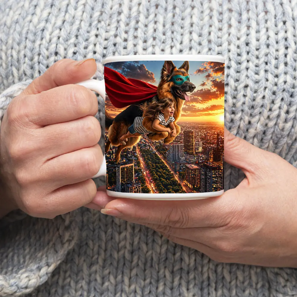 Superhero German Shepherd Flying Over City Sunset – Mugs
