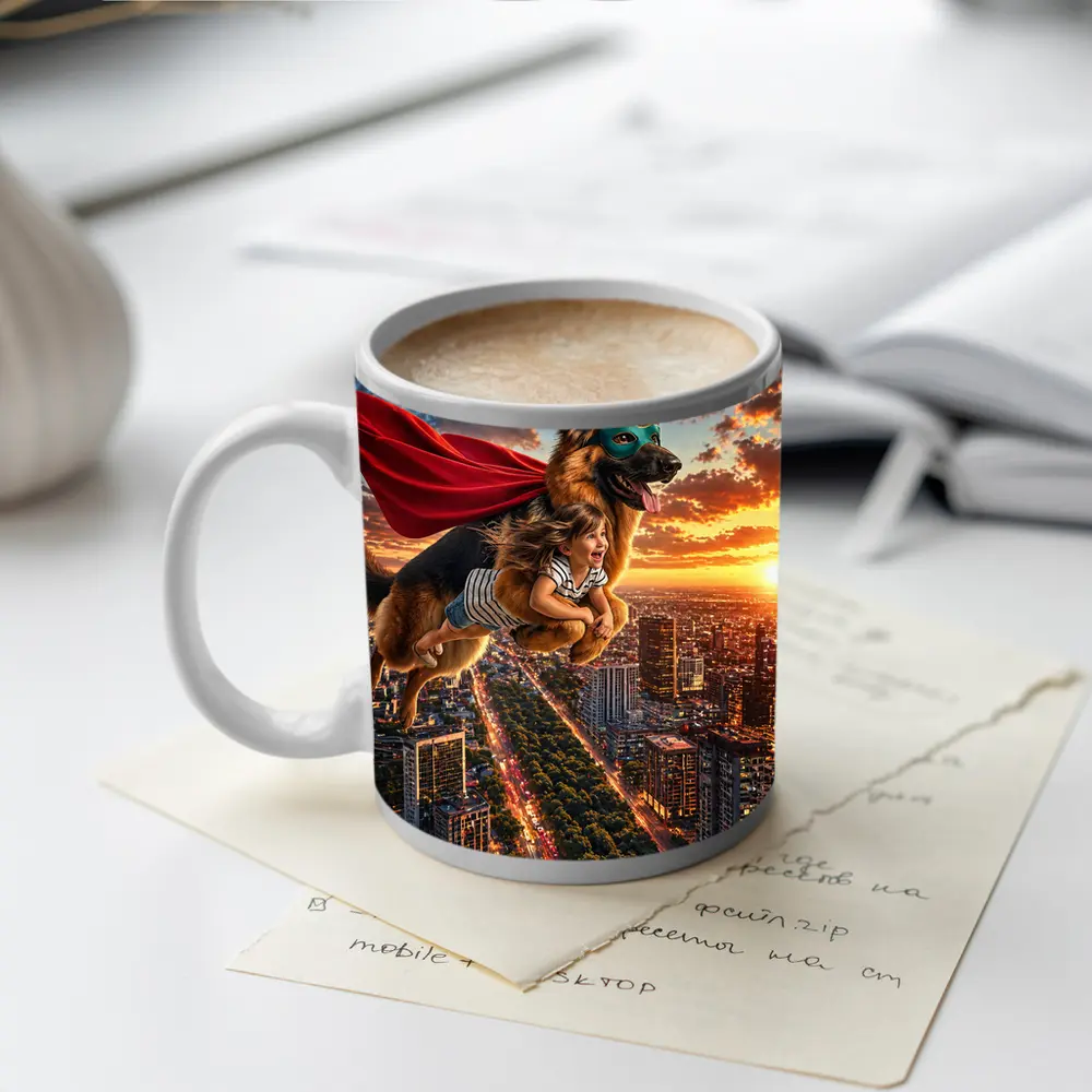 Superhero German Shepherd Flying Over City Sunset – Mugs