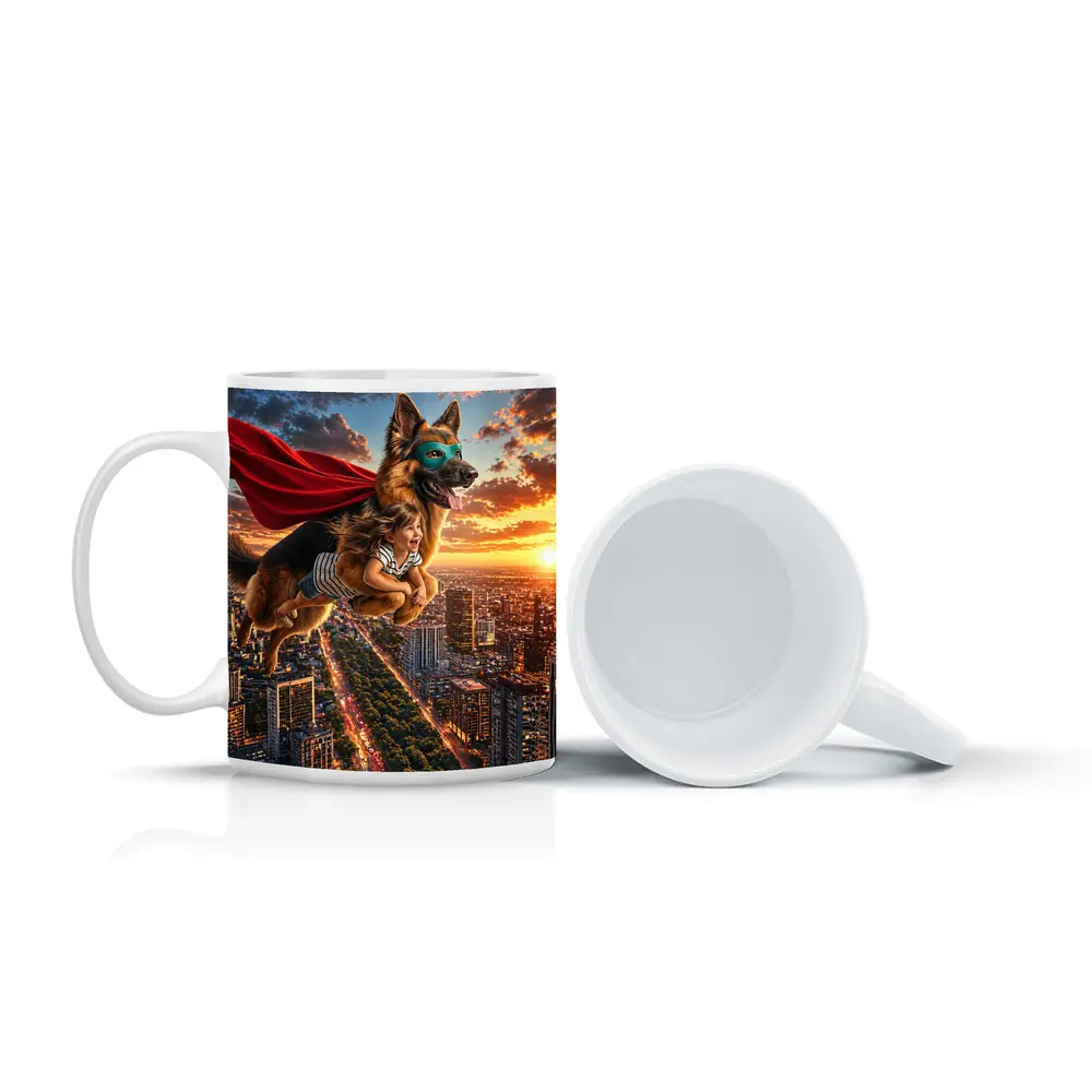 Superhero German Shepherd Flying Over City Sunset – Mugs