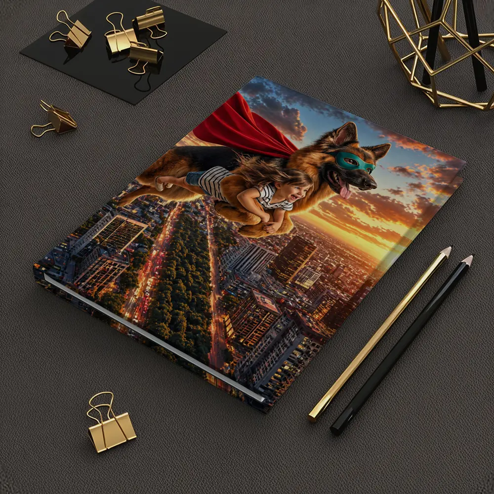 Superhero German Shepherd Flying Over City Sunset – Notebooks