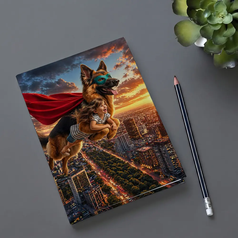 Superhero German Shepherd Flying Over City Sunset – Notebooks
