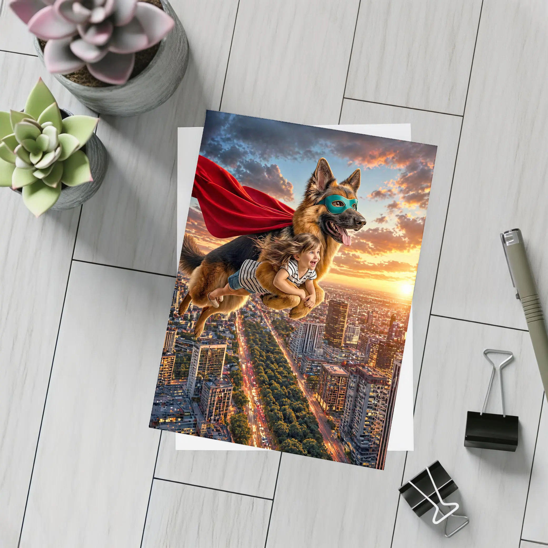 Superhero German Shepherd Flying Over City Sunset – Postcards