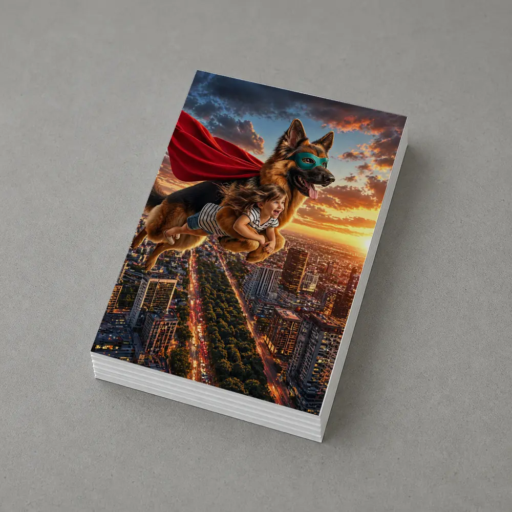 Superhero German Shepherd Flying Over City Sunset – Postcards
