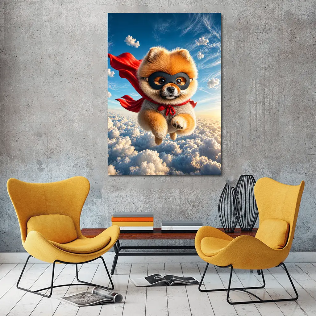 Superhero Pomeranian Flying Above Clouds – Wall Art