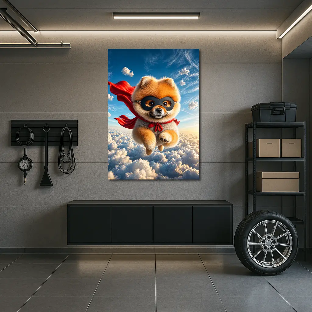 Superhero Pomeranian Flying Above Clouds – Wall Art