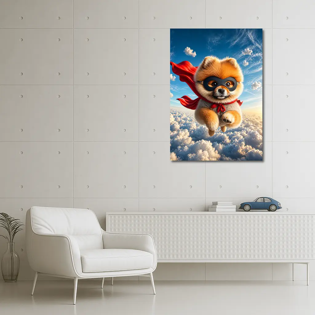 Superhero Pomeranian Flying Above Clouds – Wall Art