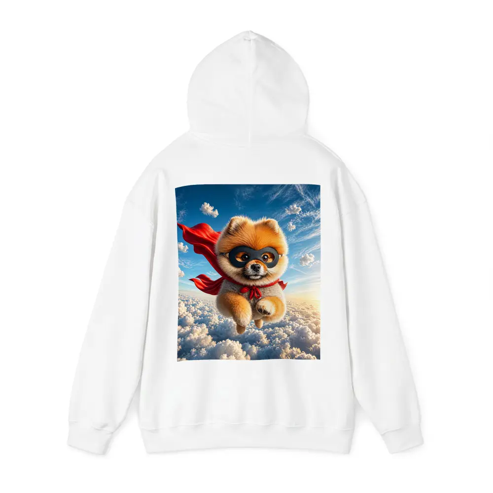 Superhero Pomeranian Flying Above Clouds – Hoodies