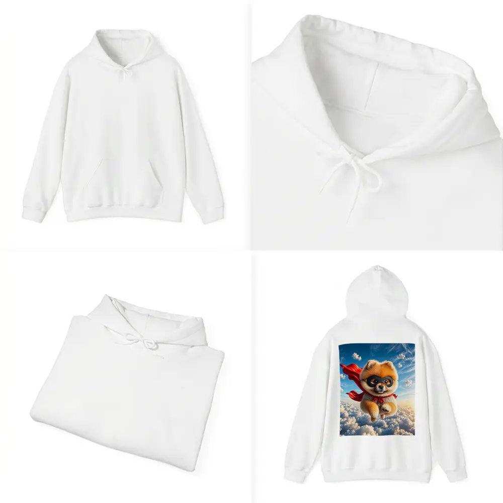 Superhero Pomeranian Flying Above Clouds – Hoodies