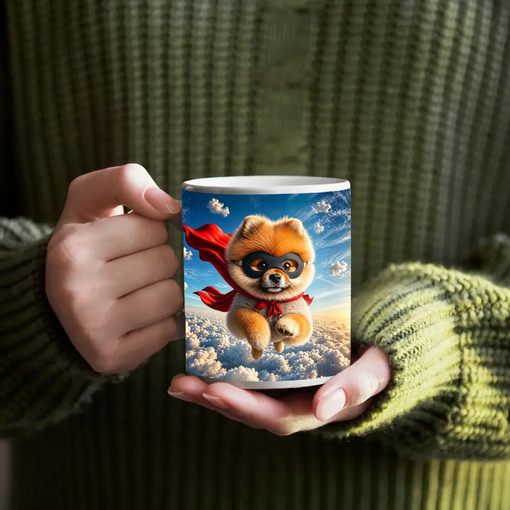 Superhero Pomeranian Flying Above Clouds – Mugs