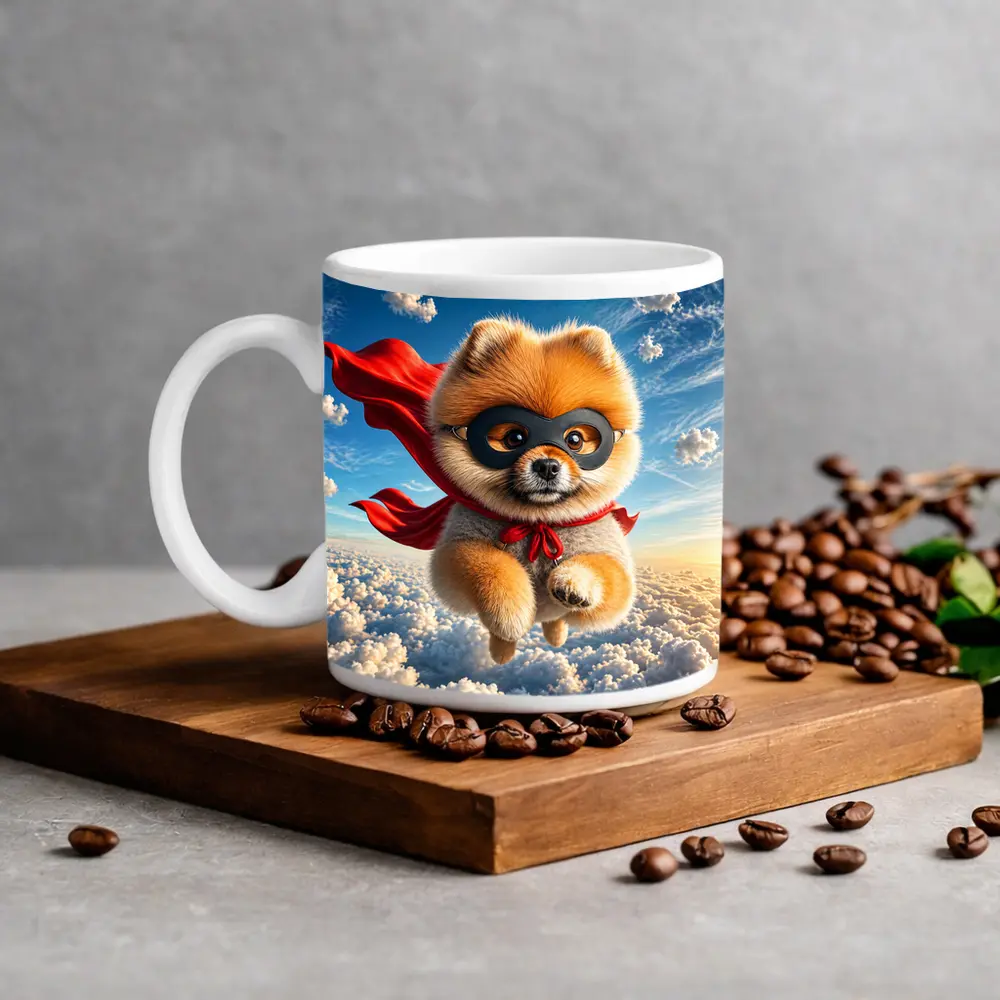 Superhero Pomeranian Flying Above Clouds – Mugs