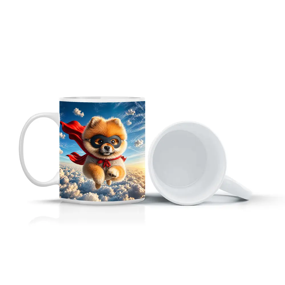 Superhero Pomeranian Flying Above Clouds – Mugs