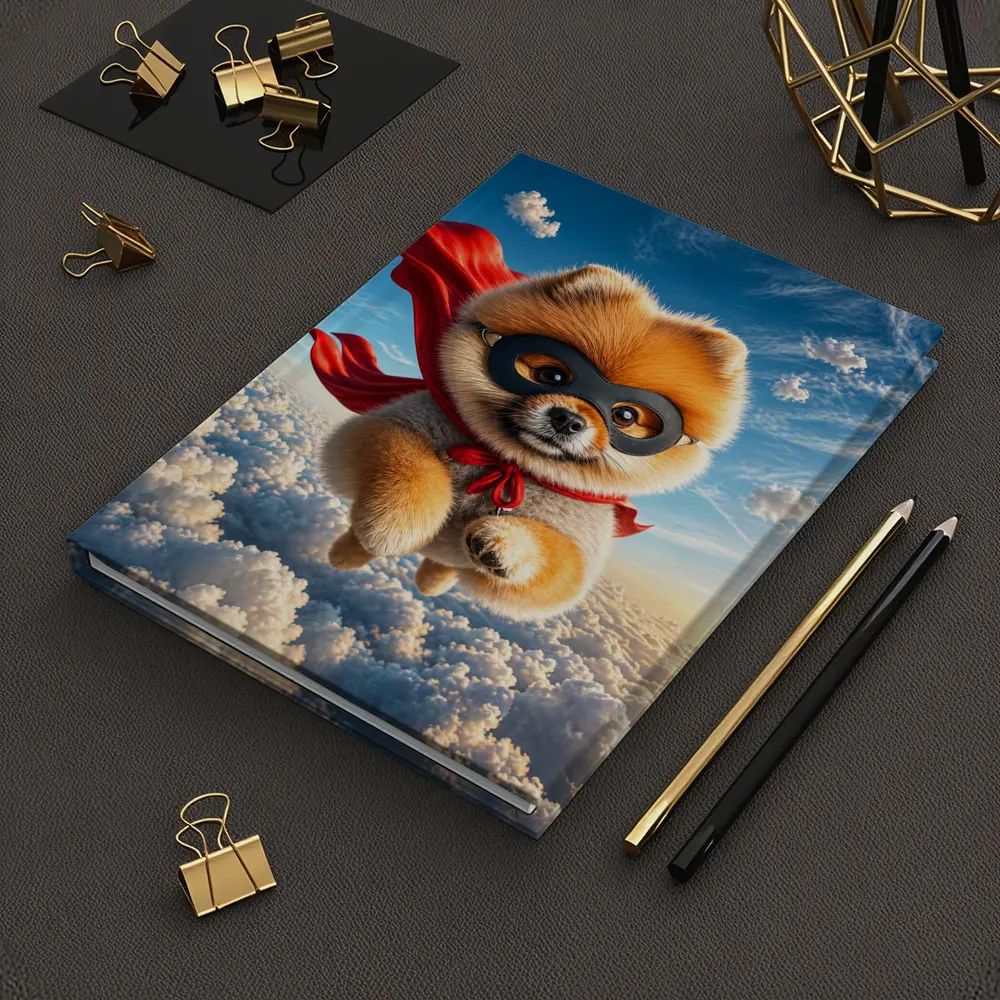 Superhero Pomeranian Flying Above Clouds – Notebooks