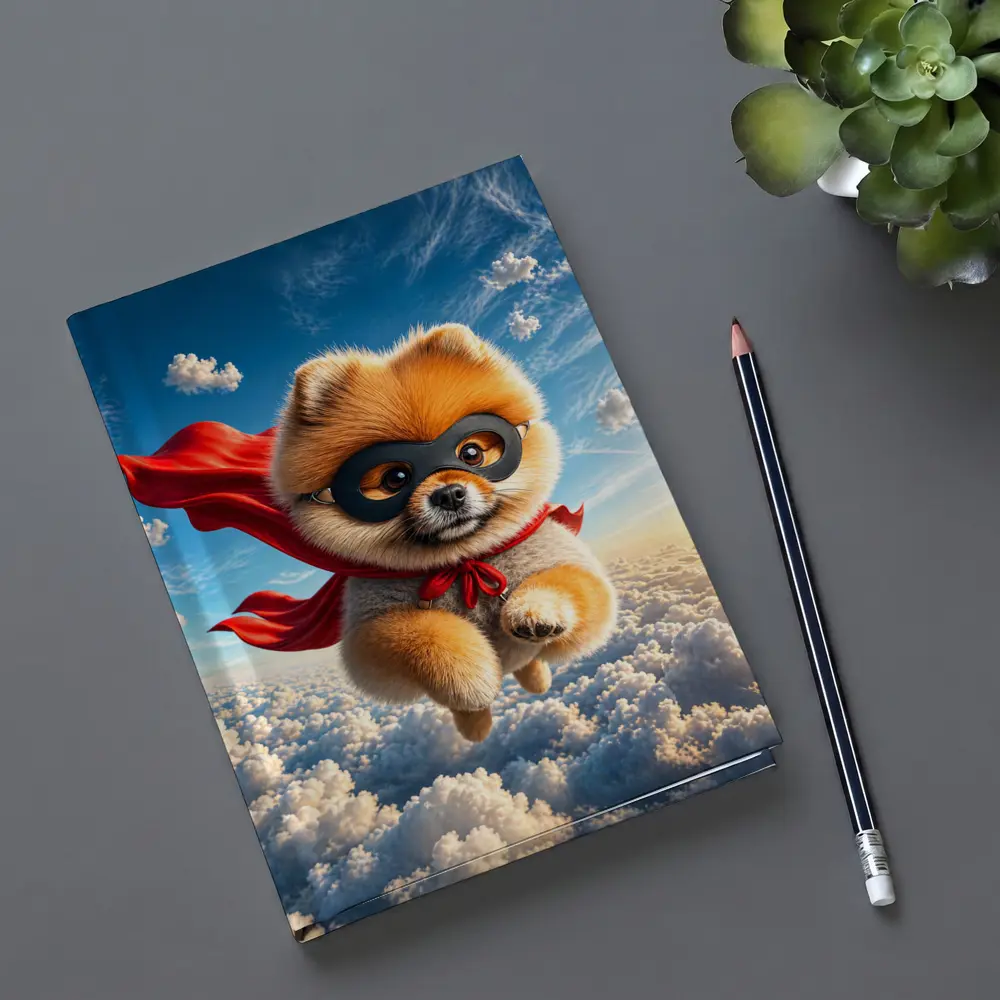 Superhero Pomeranian Flying Above Clouds – Notebooks