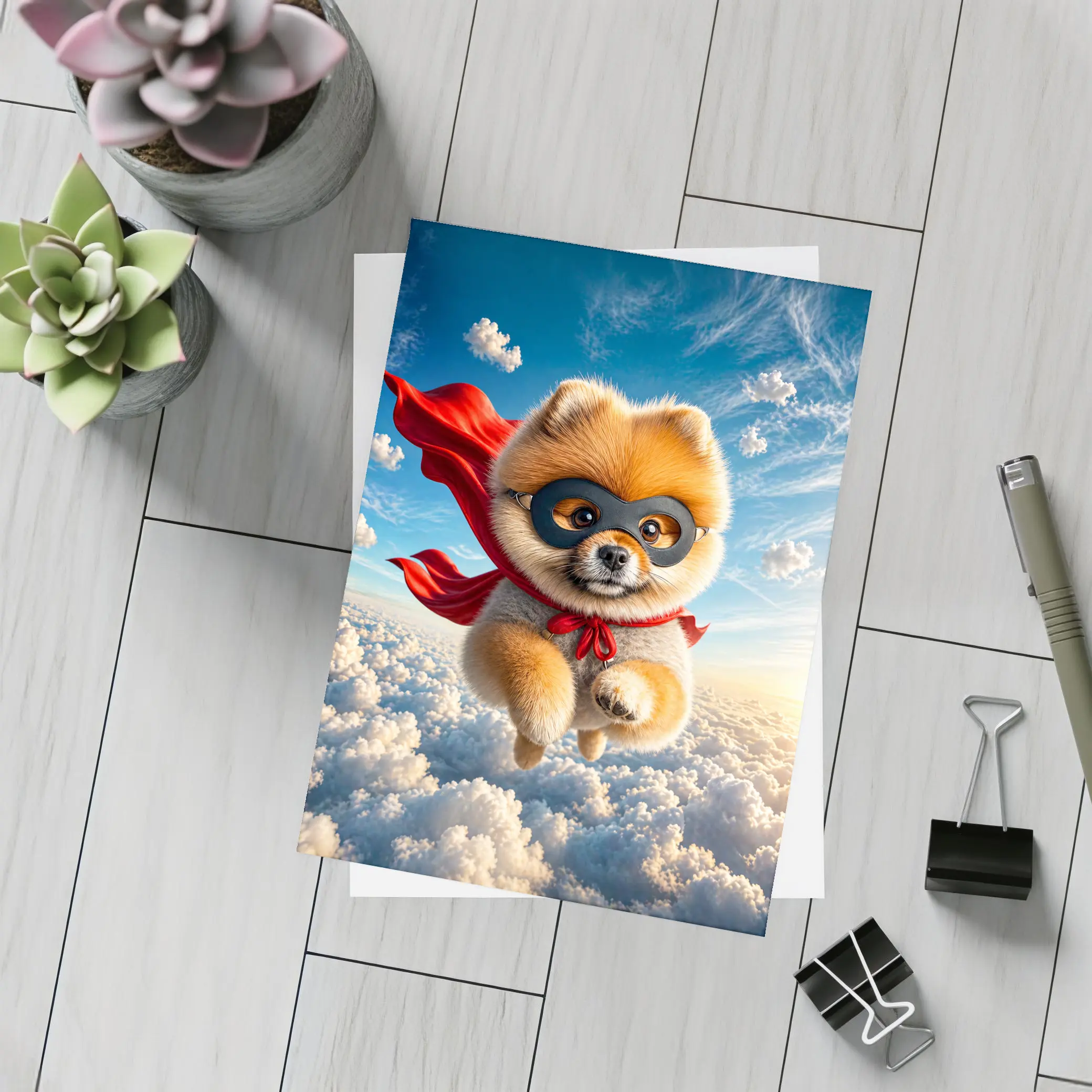 Superhero Pomeranian Flying Above Clouds – Postcards