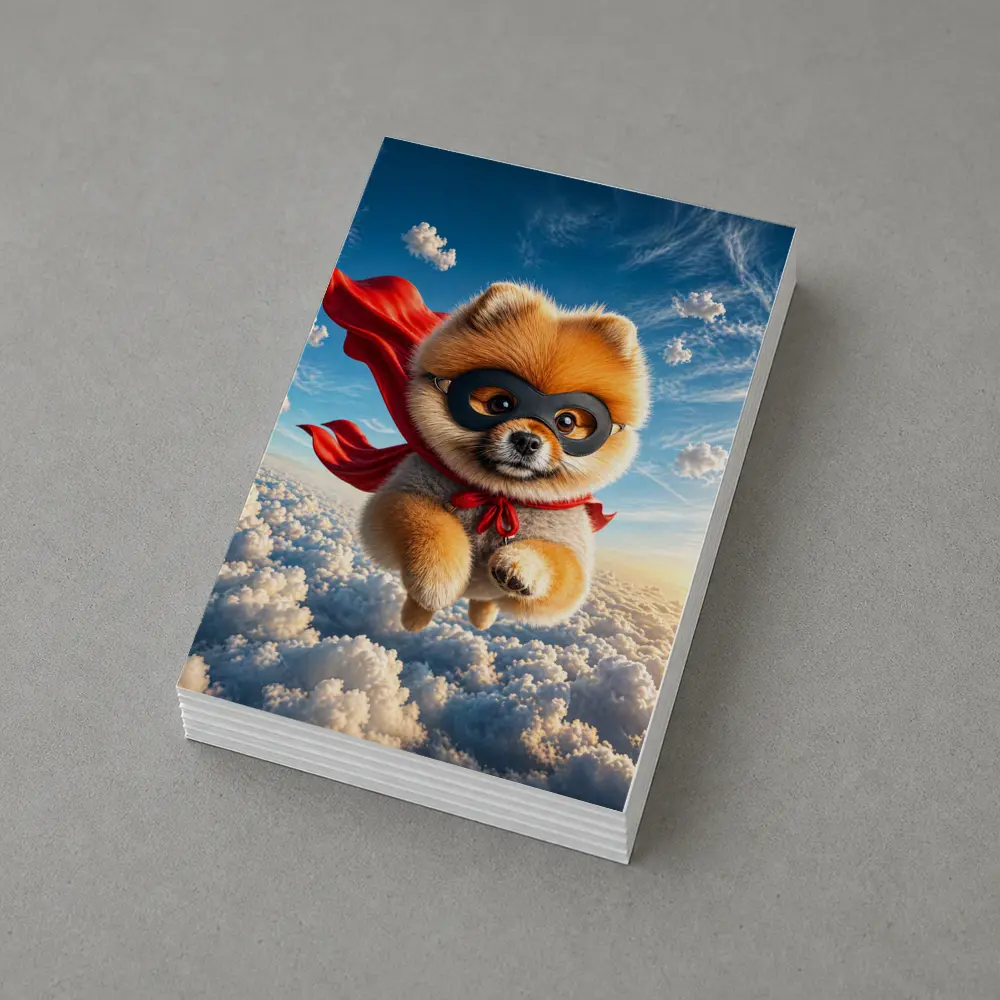 Superhero Pomeranian Flying Above Clouds – Postcards