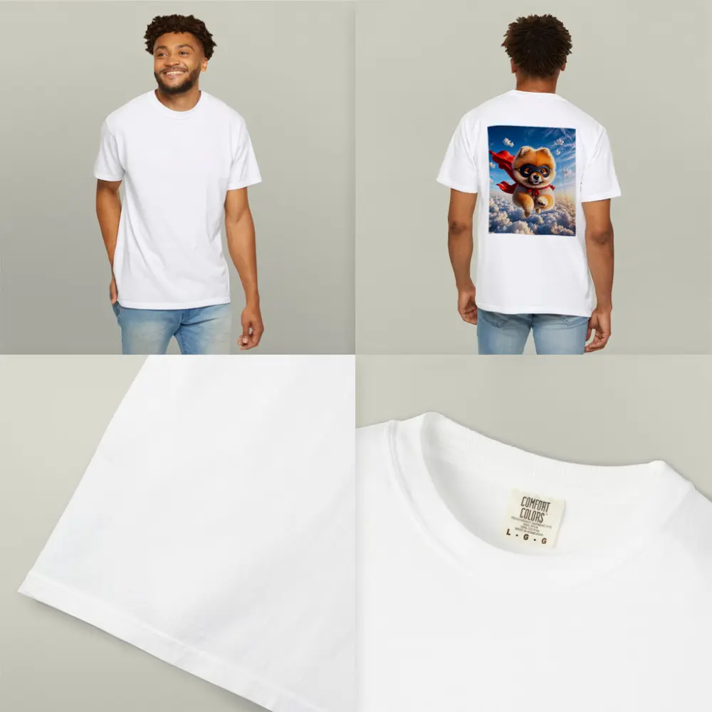 Superhero Pomeranian Flying Above Clouds – T-Shirts