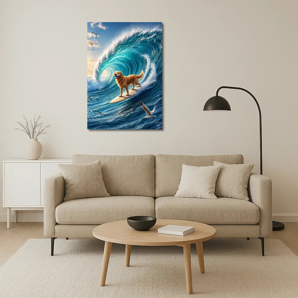 Golden Retriever Surfing Massive Ocean Wave – Wall Art