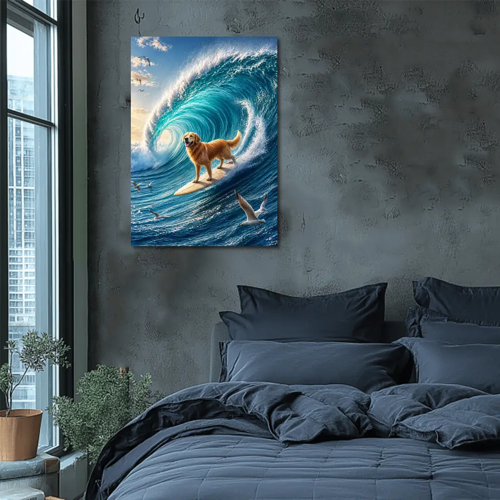 Golden Retriever Surfing Massive Ocean Wave – Wall Art