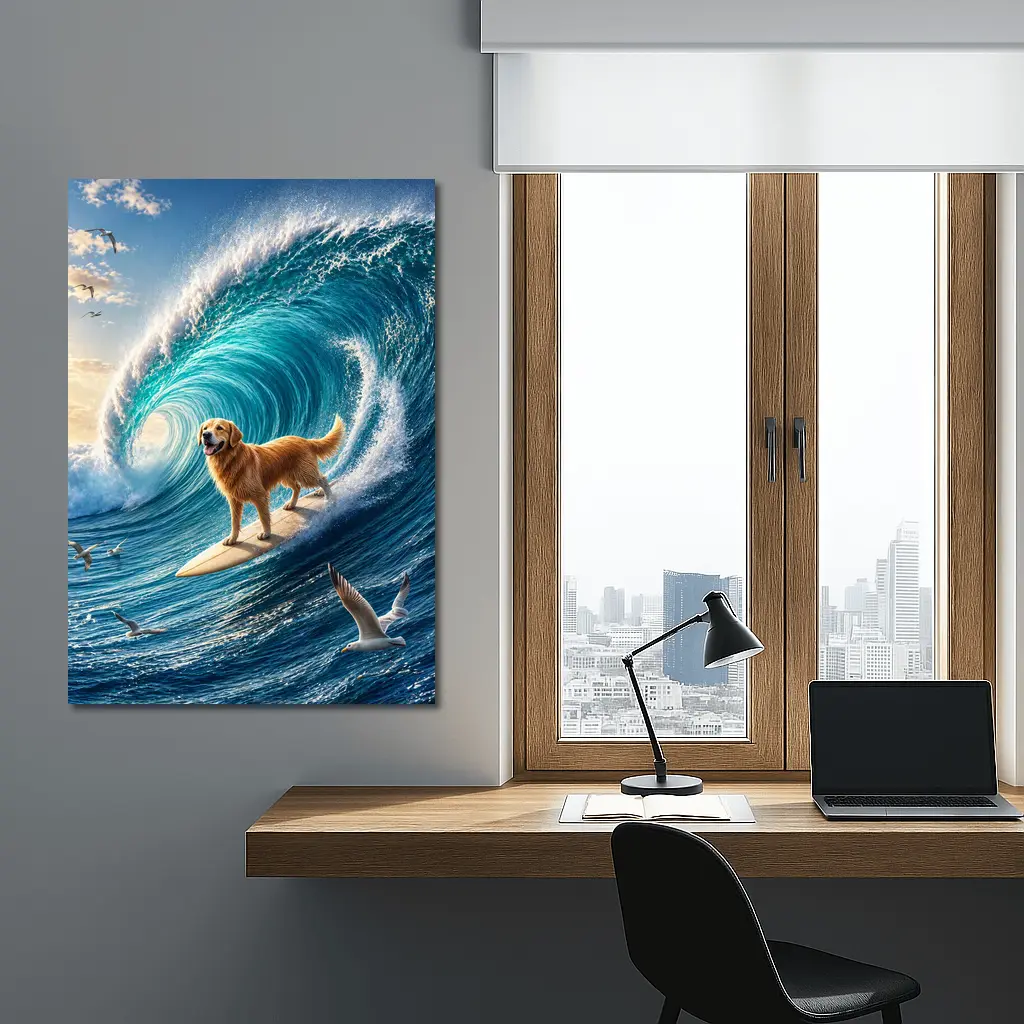 Golden Retriever Surfing Massive Ocean Wave – Wall Art
