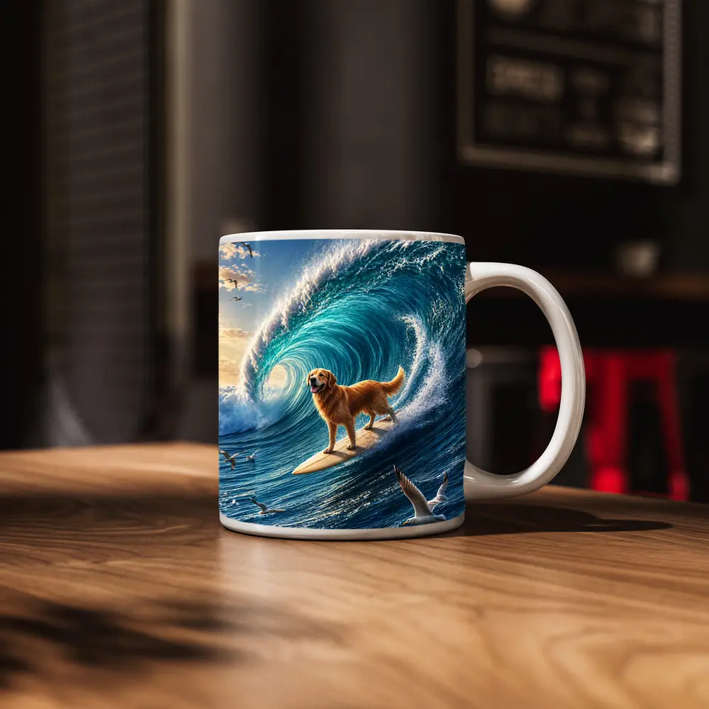 Golden Retriever Surfing Massive Ocean Wave – Mugs