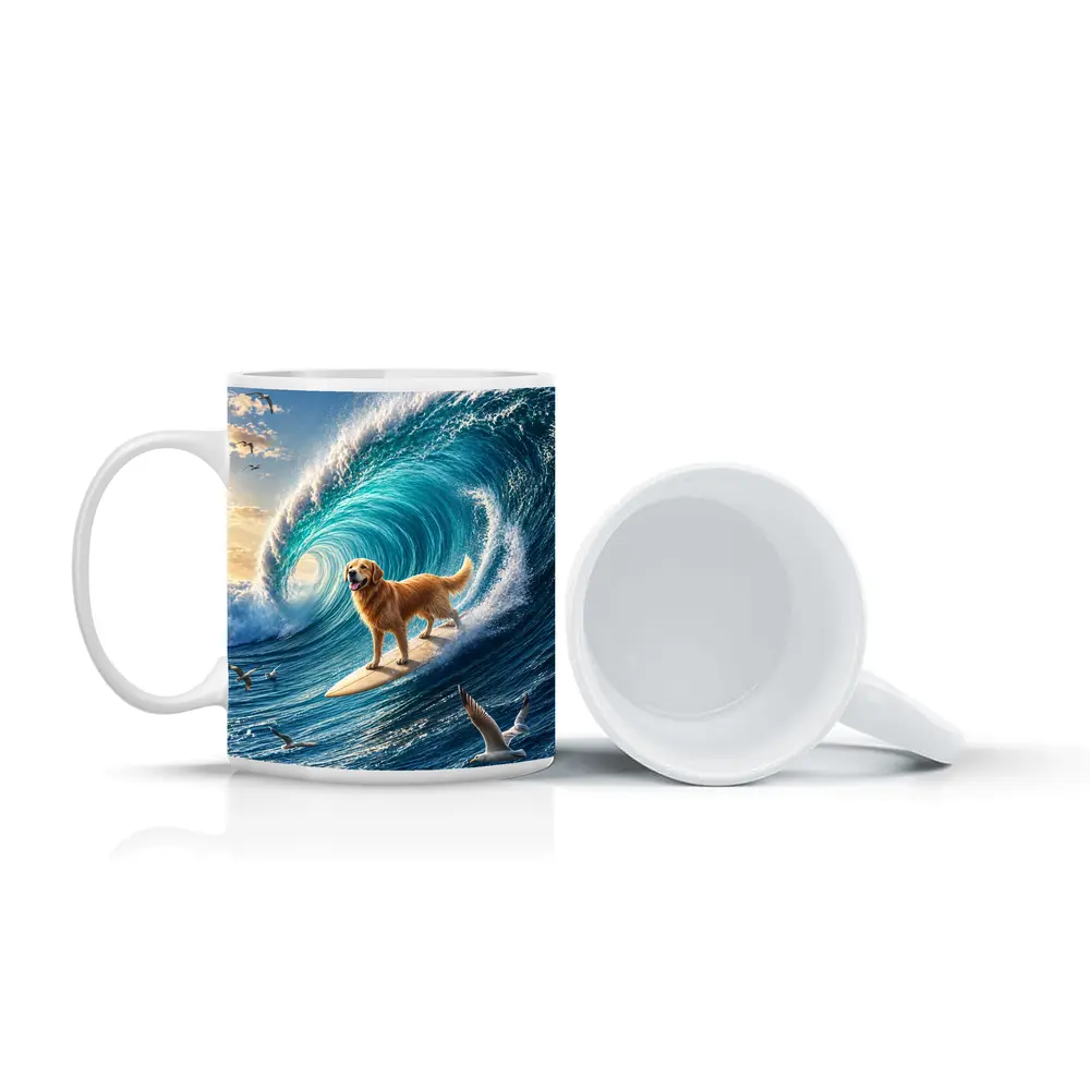 Golden Retriever Surfing Massive Ocean Wave – Mugs