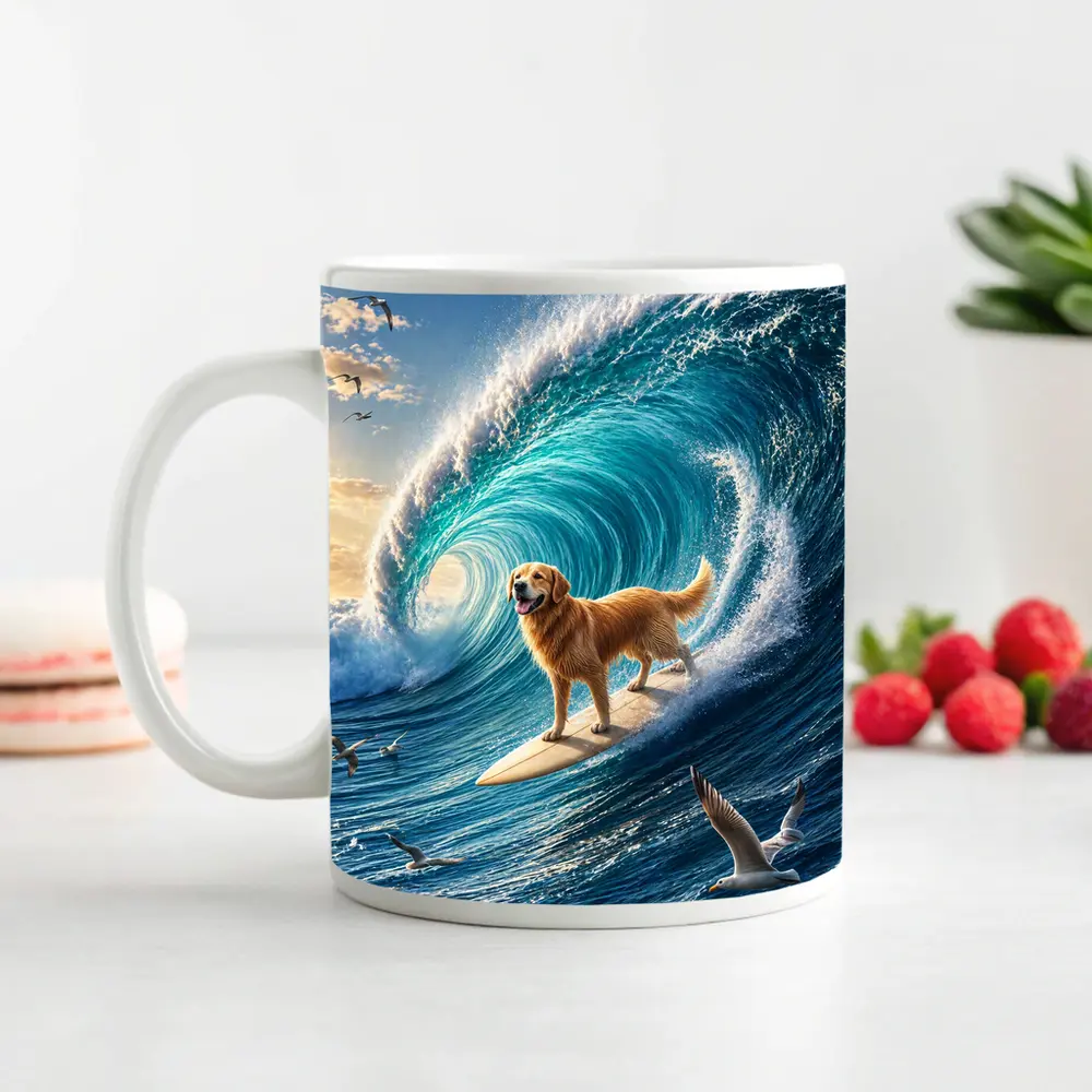Golden Retriever Surfing Massive Ocean Wave – Mugs