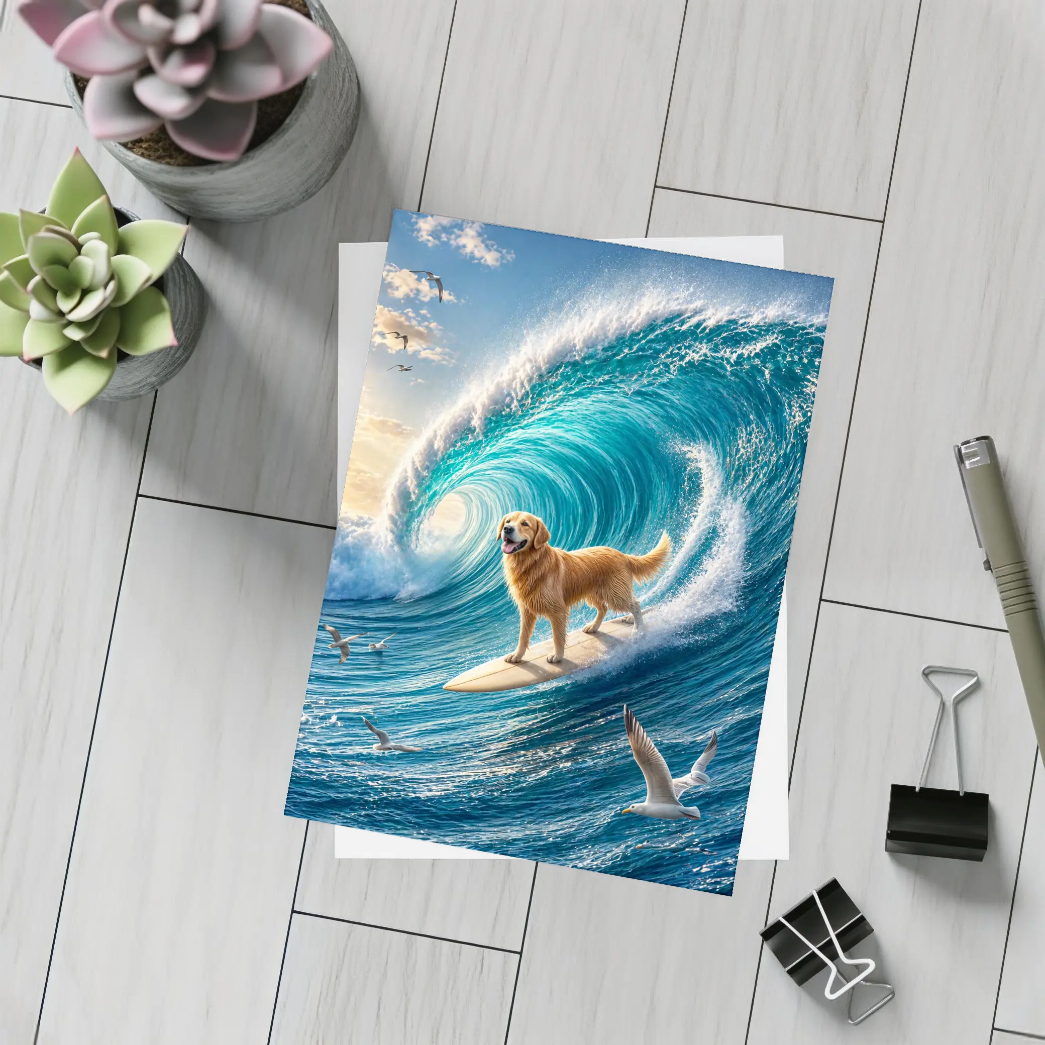 Golden Retriever Surfing Massive Ocean Wave – Postcards