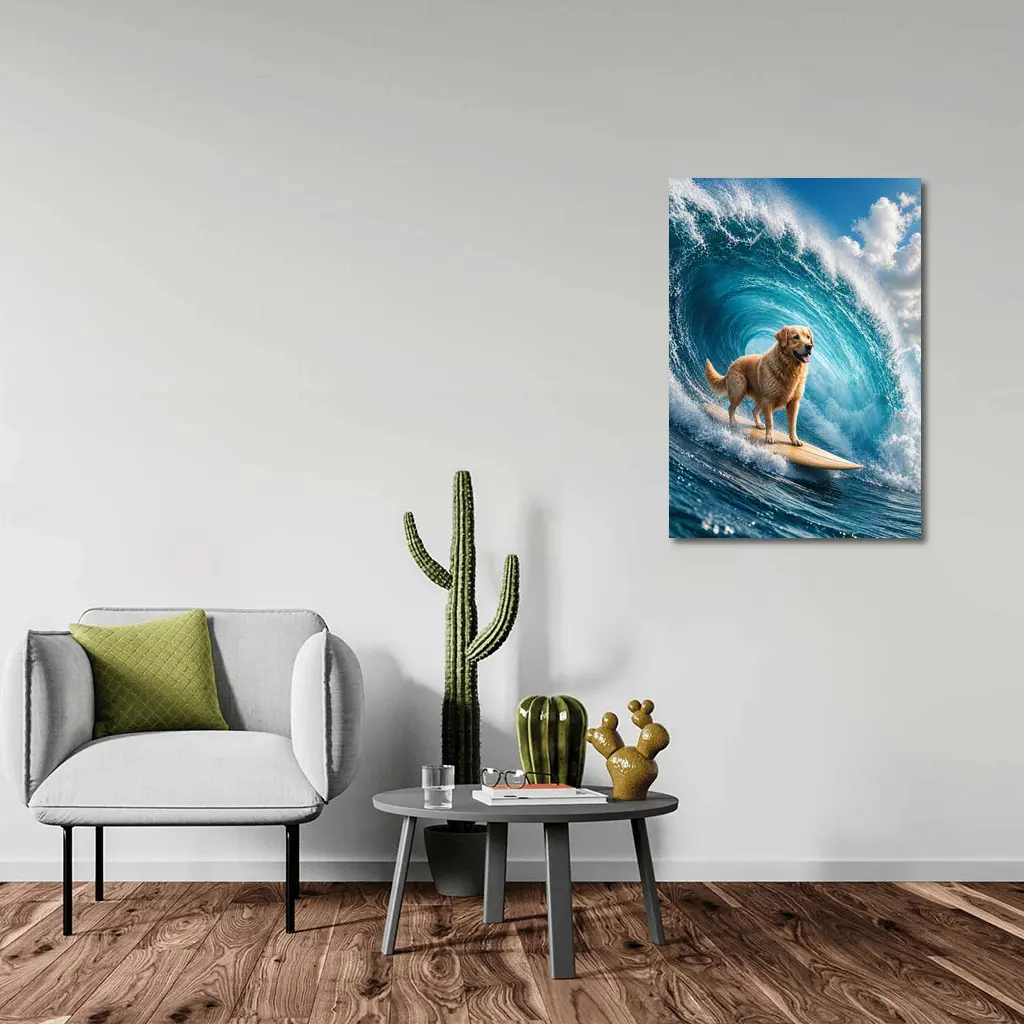 Golden Retriever Surfing Giant Ocean Wave – Wall Art