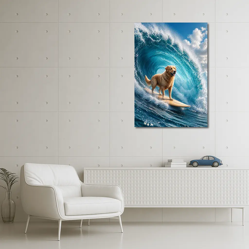 Golden Retriever Surfing Giant Ocean Wave – Wall Art