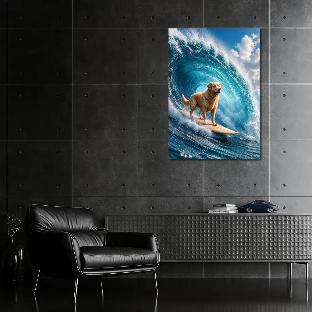 Golden Retriever Surfing Giant Ocean Wave – Wall Art