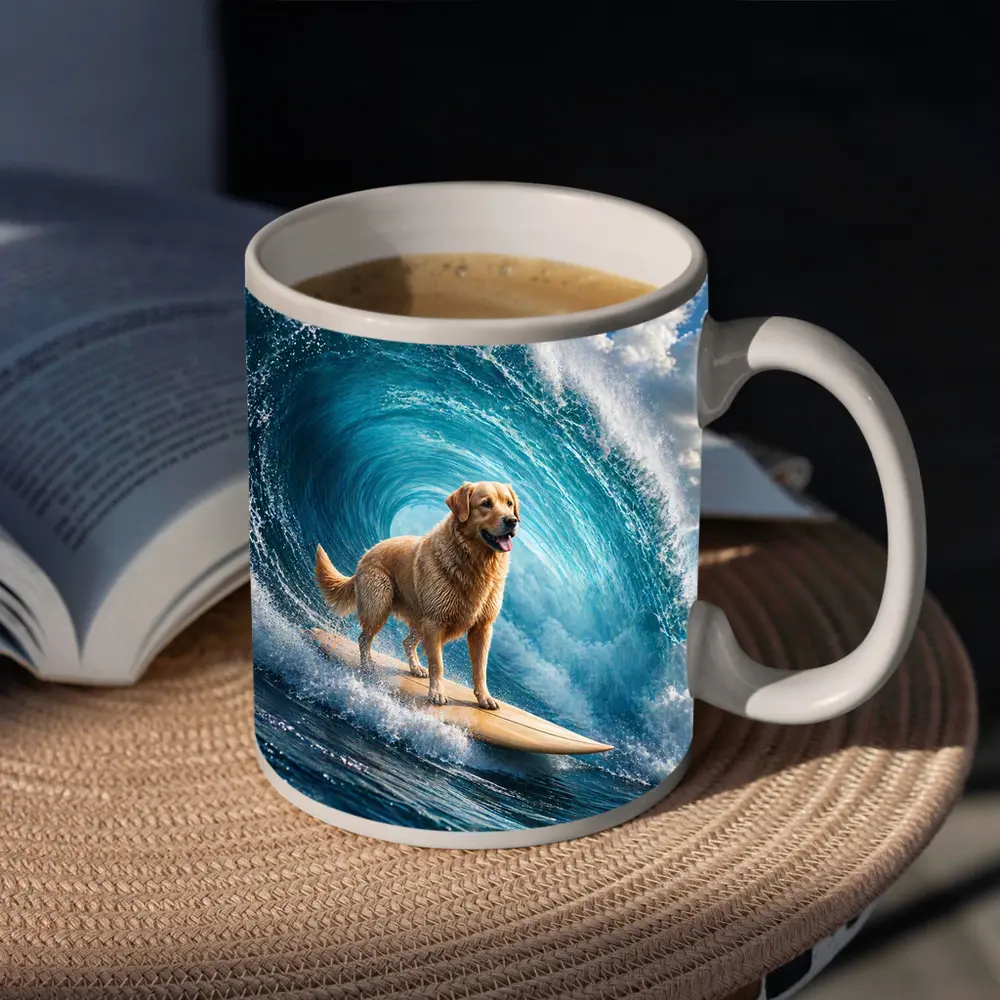Golden Retriever Surfing Giant Ocean Wave – Mugs