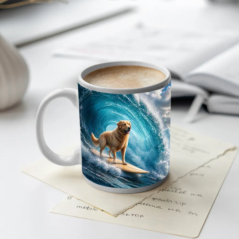 Golden Retriever Surfing Giant Ocean Wave – Mugs
