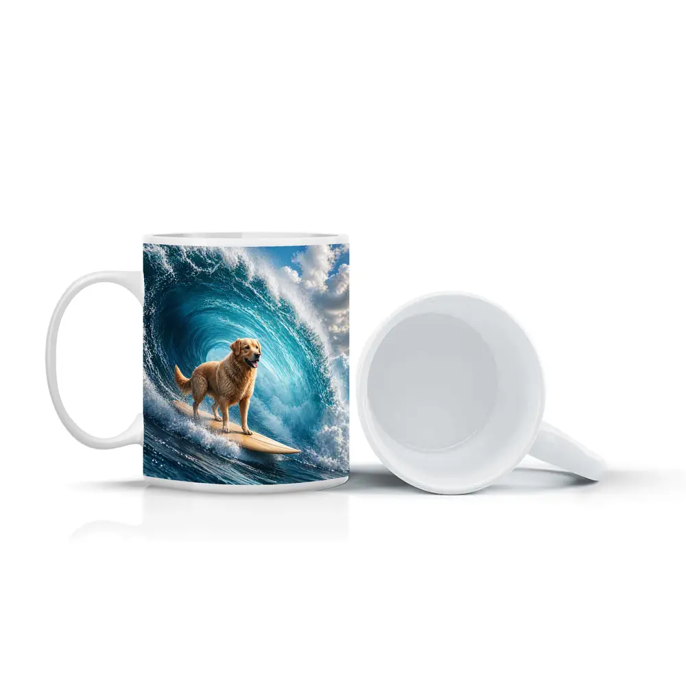 Golden Retriever Surfing Giant Ocean Wave – Mugs