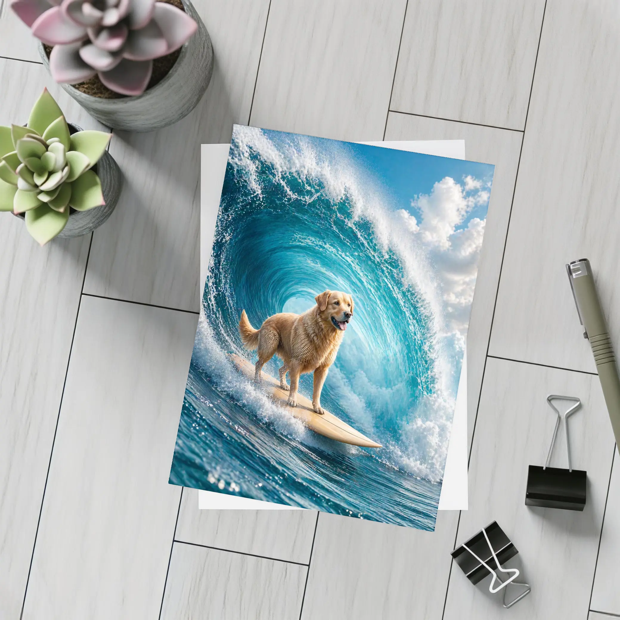 Golden Retriever Surfing Giant Ocean Wave – Postcards