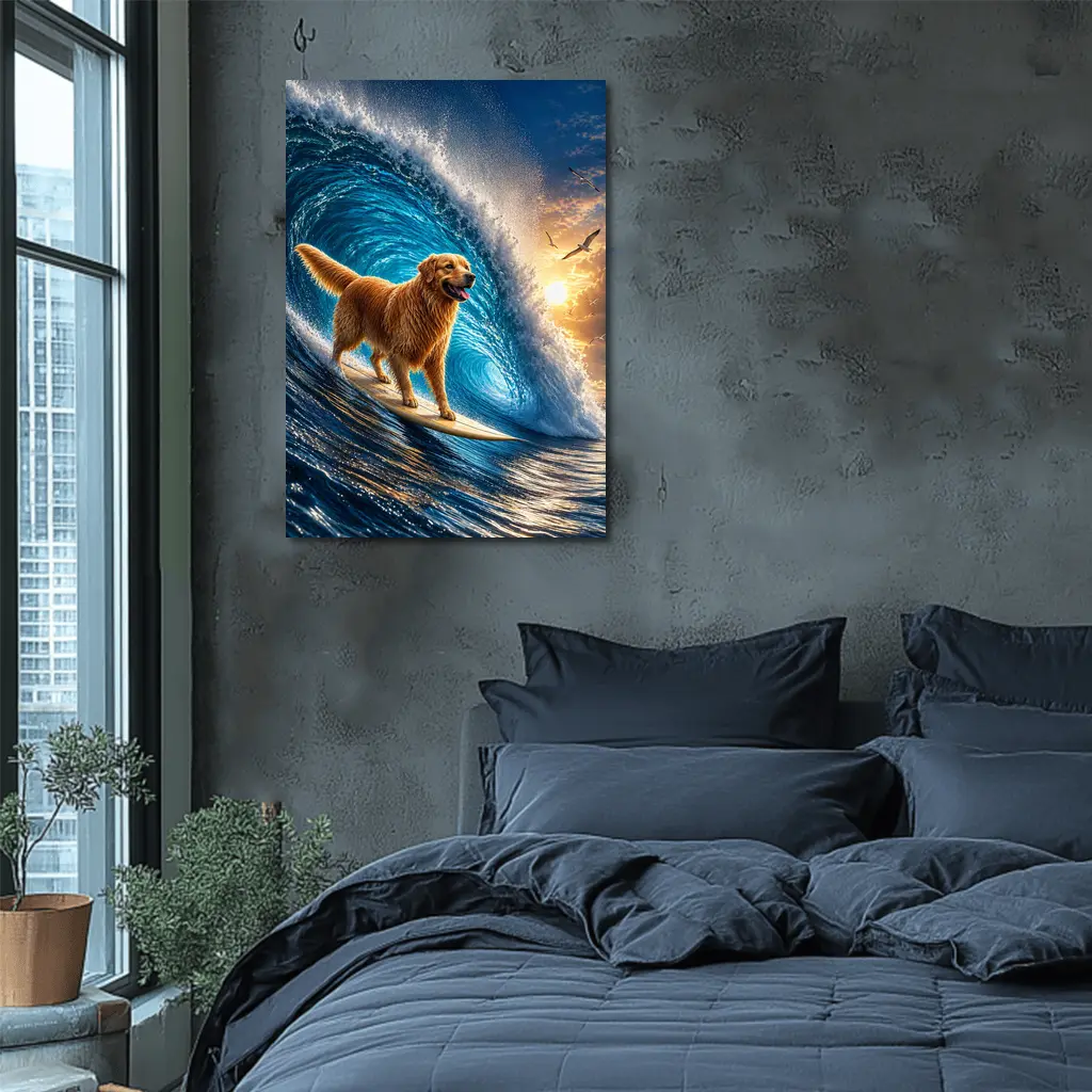 Golden Retriever Surfing Giant Ocean Wave – Wall Art