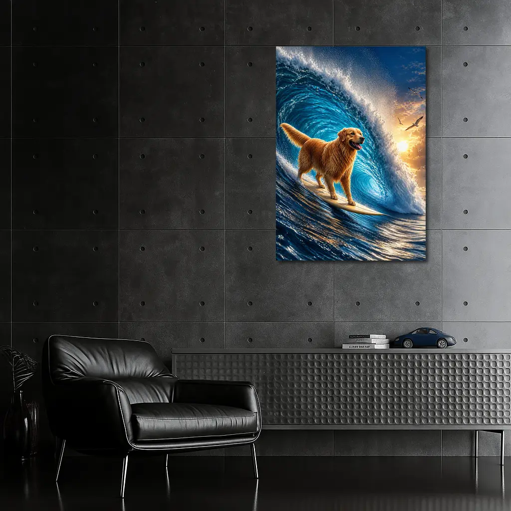 Golden Retriever Surfing Giant Ocean Wave – Wall Art