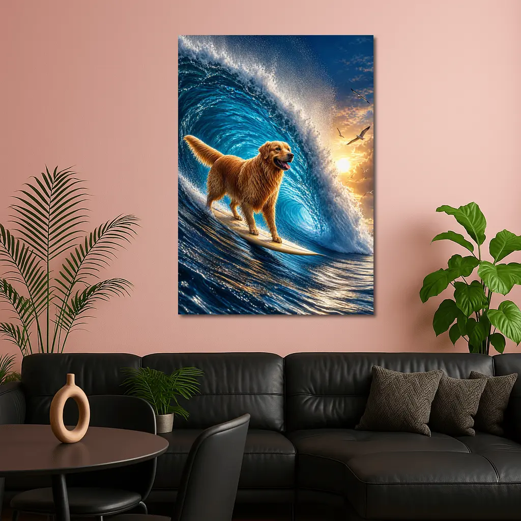 Golden Retriever Surfing Giant Ocean Wave – Wall Art