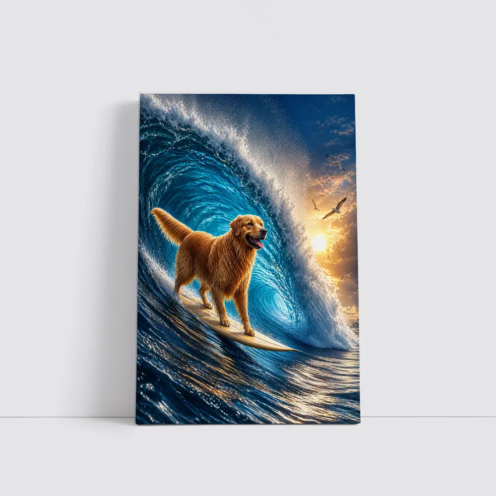 Golden Retriever Surfing Giant Ocean Wave – Wall Art