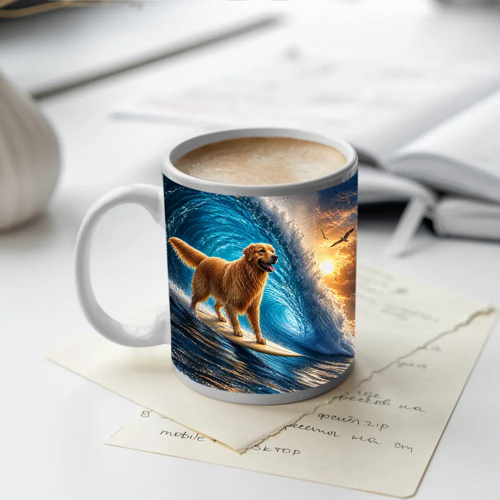 Golden Retriever Surfing Giant Ocean Wave – Mugs