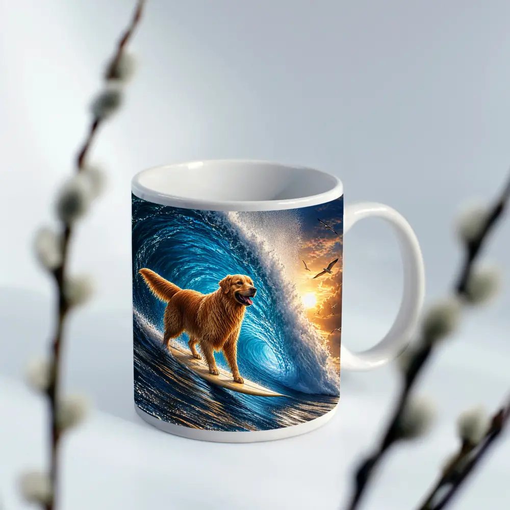 Golden Retriever Surfing Giant Ocean Wave – Mugs